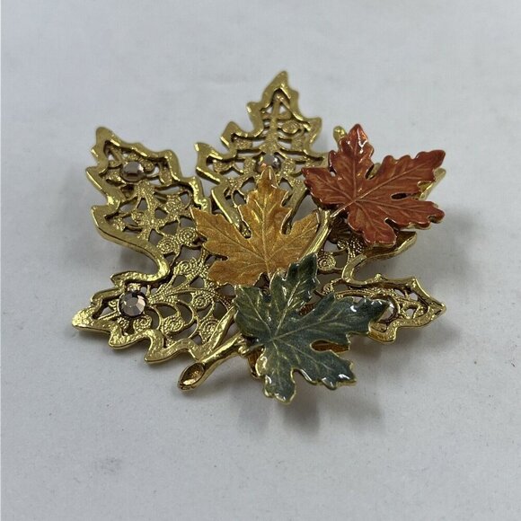 KC‎ Vintage Leaf Pin Brooch Autumn Fall Multi-Color Enamel Gold Tone Signed - Picture 7 of 13